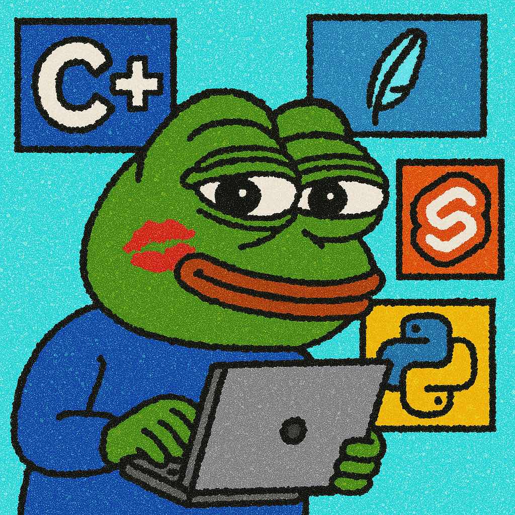 Pepe showing off his tech stack composed of c++, python, sqlite3 and svelte
